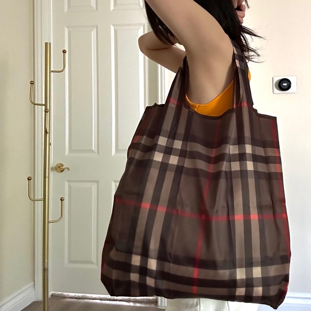 Dark Brown Checkered Shoppers Pocket Bag, library bag, school bag, carry on